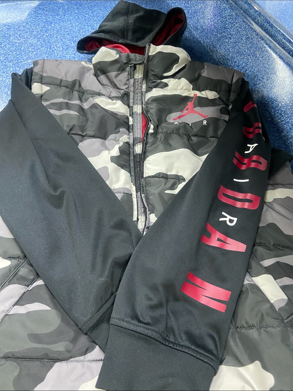 Jordan Black & Gray Camo Puffer Jacket with Red Logo